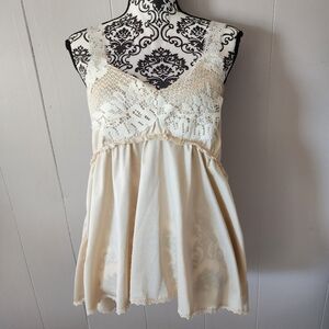 Vintage Handmade Boho Lace Cami Top Cream Satin Sweep Hem Women’s Small